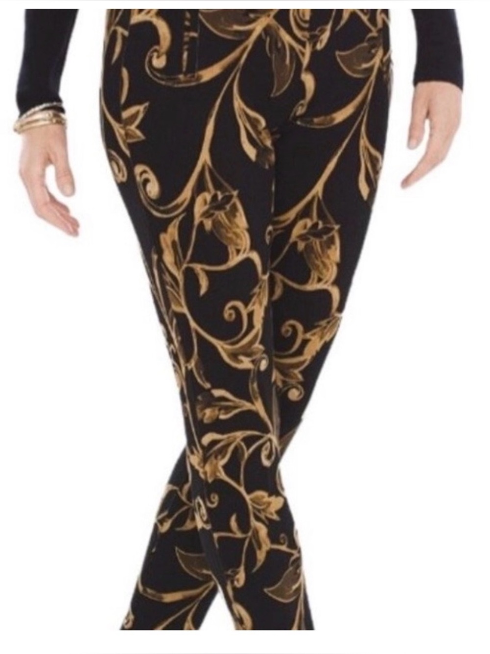 Chico's So Slimming Bi Color Scroll Juliet AK Pant Black Gold Floral size 10